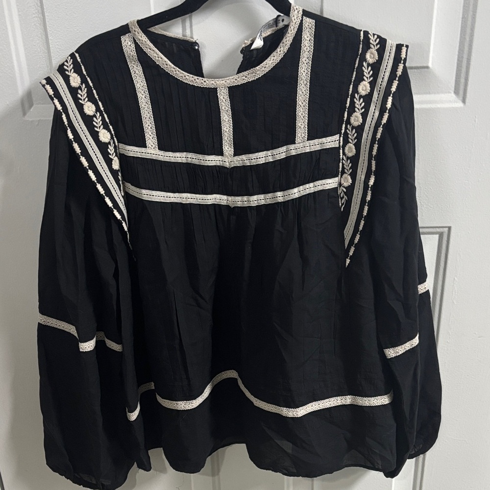 Zara Black Blouse with White Embroidery